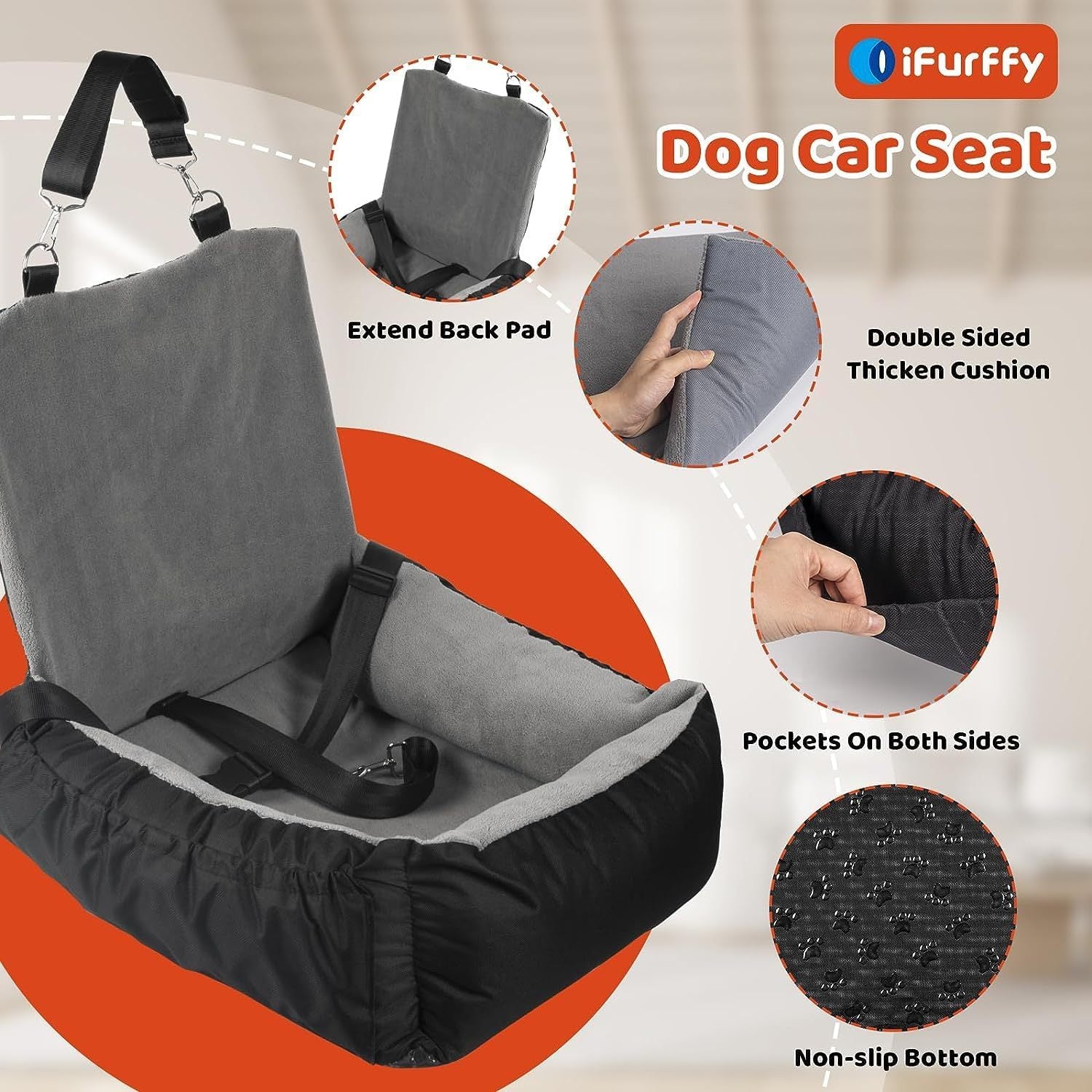 IFurffy Dog Car Seat, Pet Car Seat With Storage Pockets And Clip-On Safety Leash, Washable Coral Fleece Dog Booster Seat For Small Medium Dogs, Small Dog Car Seat For Travel Dog Car Bed ,Grey - Flufer Store