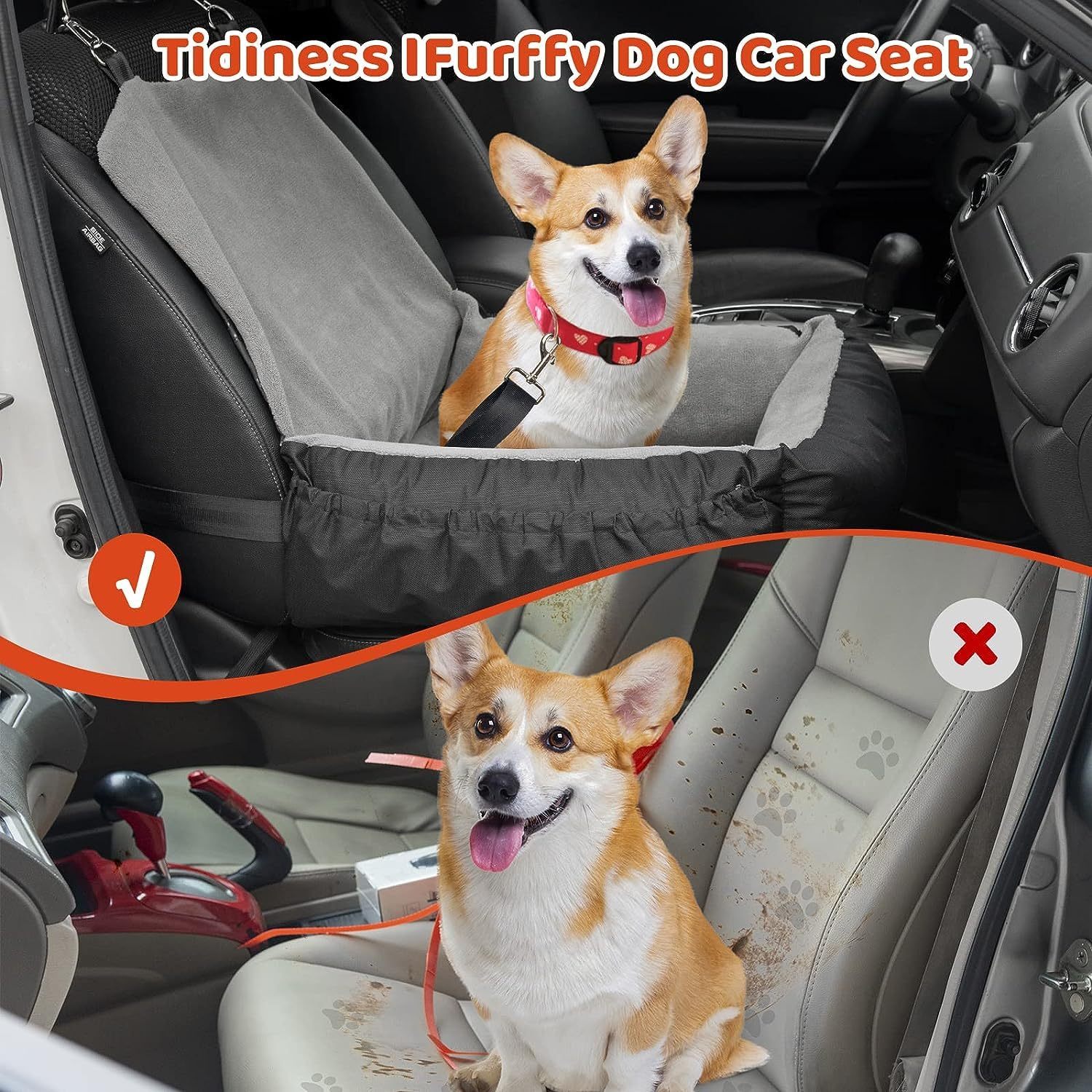 IFurffy Dog Car Seat, Pet Car Seat With Storage Pockets And Clip-On Safety Leash, Washable Coral Fleece Dog Booster Seat For Small Medium Dogs, Small Dog Car Seat For Travel Dog Car Bed ,Grey - Flufer Store