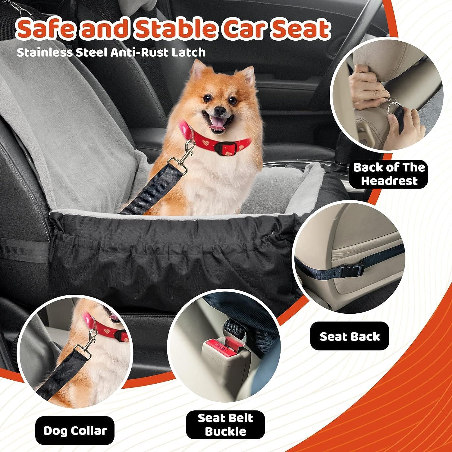 IFurffy Dog Car Seat, Pet Car Seat With Storage Pockets And Clip-On Safety Leash, Washable Coral Fleece Dog Booster Seat For Small Medium Dogs, Small Dog Car Seat For Travel Dog Car Bed ,Grey - Flufer Store